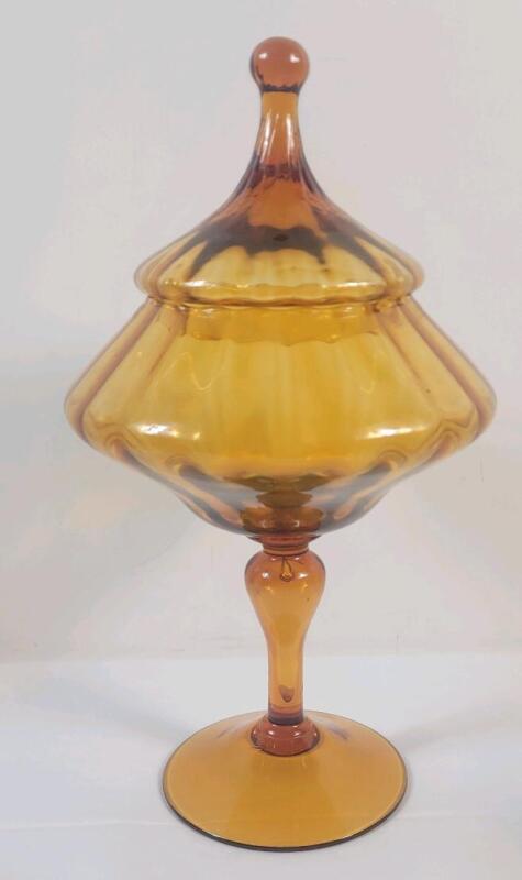 Vintage Amber Art Glass Empoli "Circus Tent" Lidded Candy Jar or Apothecary Jar . Measures 13.5" tall . No chips or cracks