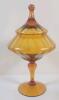 Vintage Amber Art Glass Empoli "Circus Tent" Lidded Candy Jar or Apothecary Jar . Measures 13.5" tall . No chips or cracks