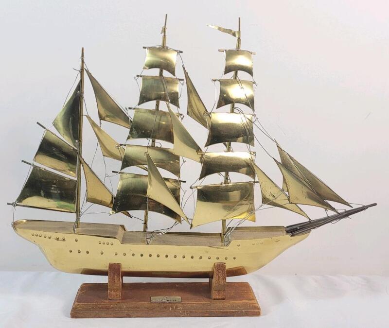 Vintage Brass Model Schooner Sailing Ship on Wooden Pedestal . Measures 17.5" long & 13" tall