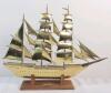 Vintage Brass Model Schooner Sailing Ship on Wooden Pedestal . Measures 17.5" long & 13" tall