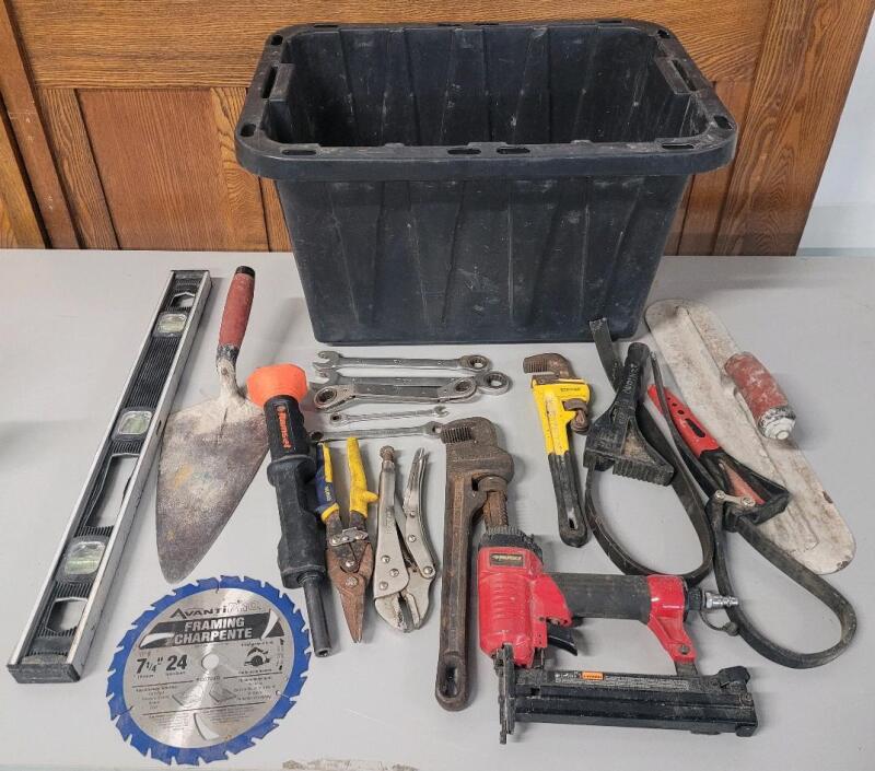 Handyman Tool Lot . Level , Wrenches , Nail Gun , Saw Blade , Pipe Wrenches , Oil Filter Wrench plus More w/Bin