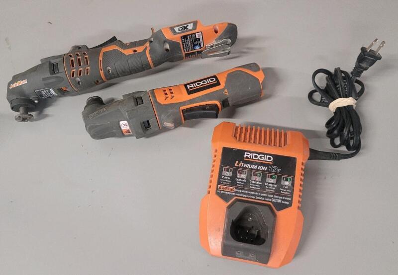 2 Cordless Ridgid Grinders (no batteries) & Ridgid Lithium ION 12v Battery Charger (no battery) . Untested