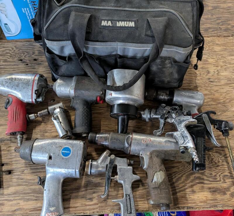 Compressed Air Tool Lot, Impact Wrenches, Sandblasters & More. Comes with Bag