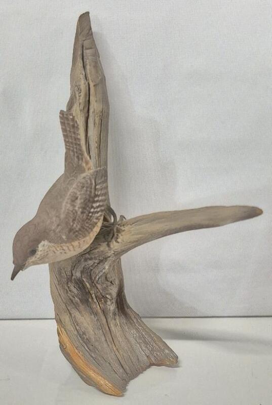 Wooden Art Sculpture Bird on Driftwood 9.5" Tall