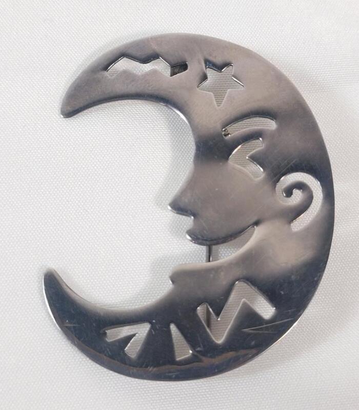 Vintage Sterling Silver Crescent Moon Face Brooch . See photos for size