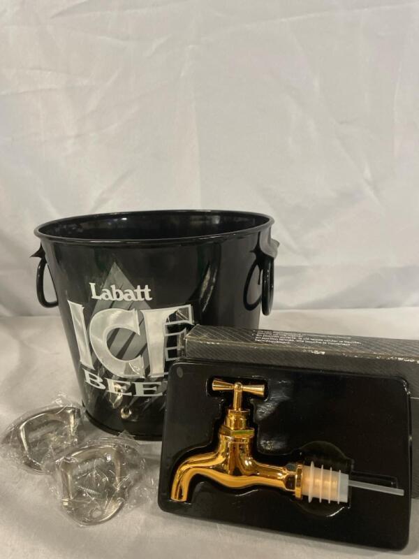 New Beverage Set | 7&rdquo; Tall Labatt Ice Bucket | 2 Wall Mount Bottle Openers | Plastic Tap Spout for Liquor Bottles | Perfect for the Patio!