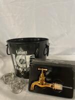New Beverage Set | 7&rdquo; Tall Labatt Ice Bucket | 2 Wall Mount Bottle Openers | Plastic Tap Spout for Liquor Bottles | Perfect for the Patio!