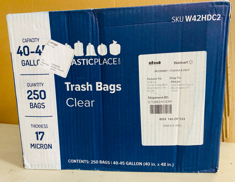 250 New Plasticplace Trash Bags, 40‑45 Gallon, Clear, High‑Density, Retail Value of $193.94
