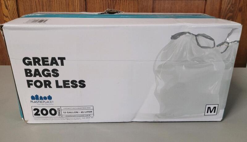 New - PlasticPlace 200 White 12 Gallon / 45 Liter Custom Fit White Drawstring Plastic Bags .