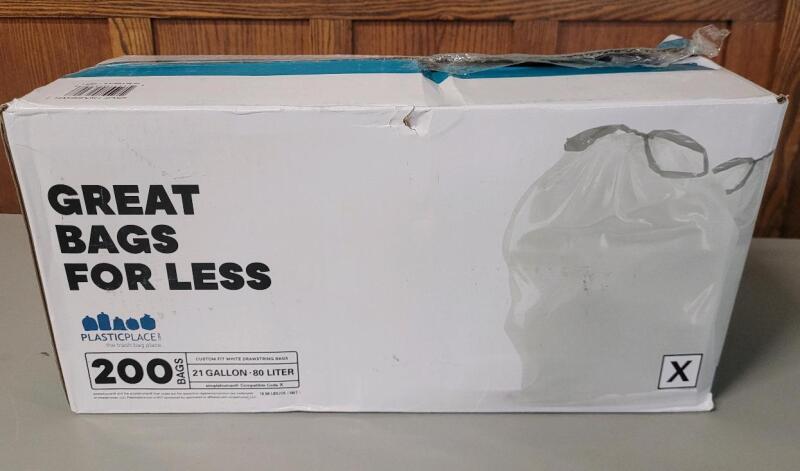New - PlasticPlace 200 White 21 Gallon / 80 Liter Custom Fit White Drawstring Plastic Bags .