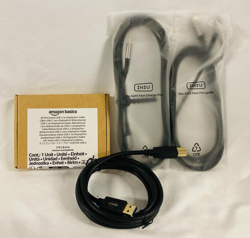 4 Assorted Cables, Includes USB-C to DisplayPort, 2xUSB-C Cables, and USB 3.0 A-Male to B-Male Adapter Cord