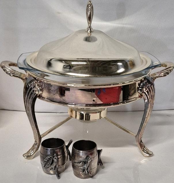 Chafing Dish 11" Tall & Vintage Meriden Barrel Leaf Napkin Ring Holder