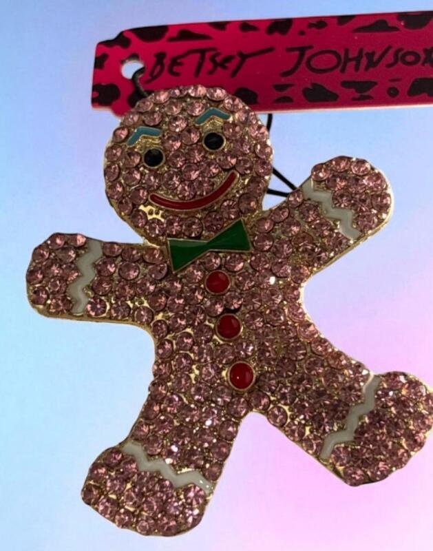 Adorable Betsey Johnson Yummy Pink Rhinestone Enamel Ginger Bread Brooch with Big Smile Approximately 2 x 1.75 inch Tagged Back Bale for pendant use