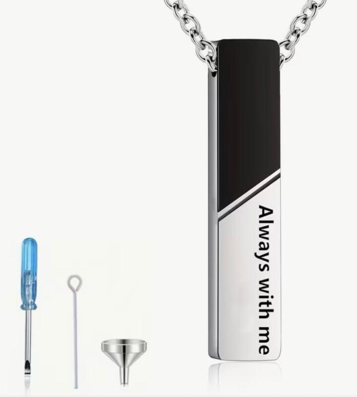 New Always With Me Cube Bar Pendant Urn Necklace For Ashes Memorial Cremation Urn Stainless Steel Approximately 1.20&rsquo;&rsquo; chain 20 inch Tools Included
