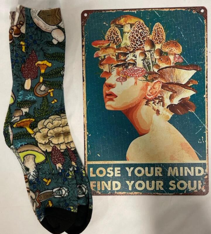 New 12&rdquo; Metal Sign and Novelty Mushroom Socks for Adults