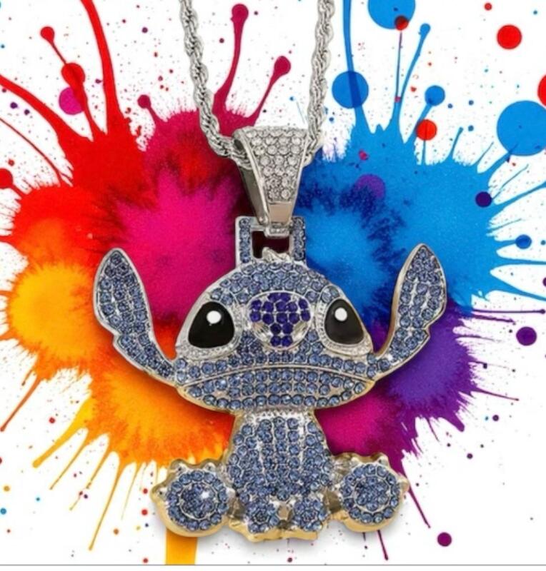 Stitch Rhinestone Large Pendant with Sturdy Rope Chain Pendant 2.25 x 2&rsquo;&rsquo; with Bale Glittery Chain 22 Inch