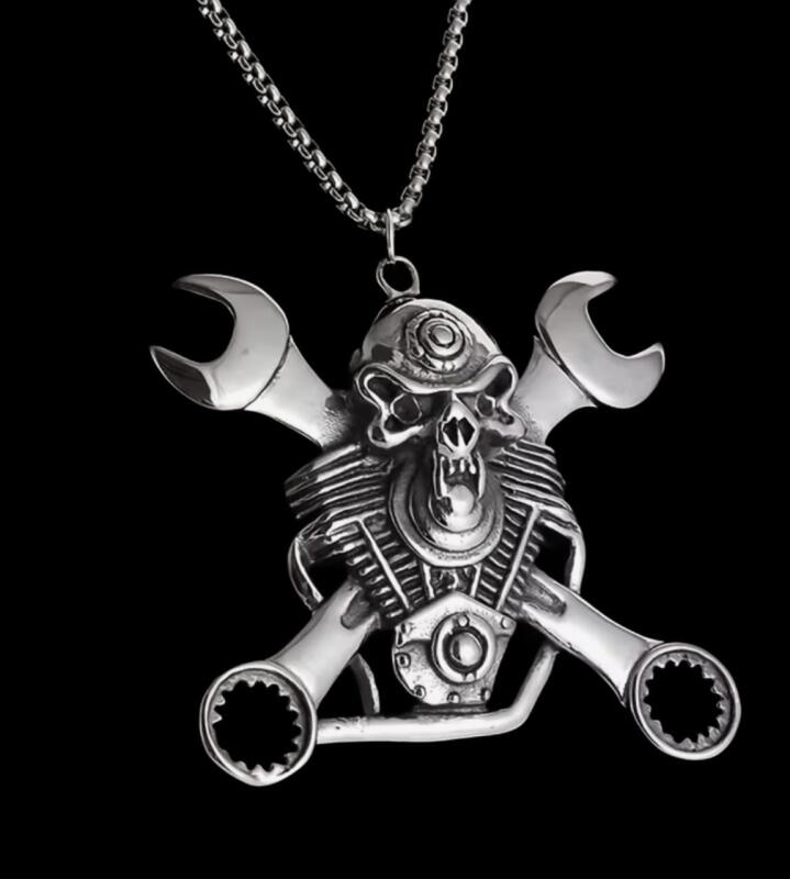 Stainless Steel Mechanical Wrench Gear Gothic Skull Pendant Necklace Pendant approximately 2.5 x 2.25 Chain 21 inch