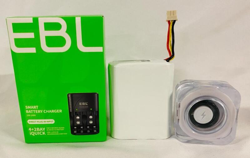 3 Assorted Battery Accessories; Includes Rechargable Li-Ion Battery, AA/AAA Battery Charger, and Wireless Charging Puck