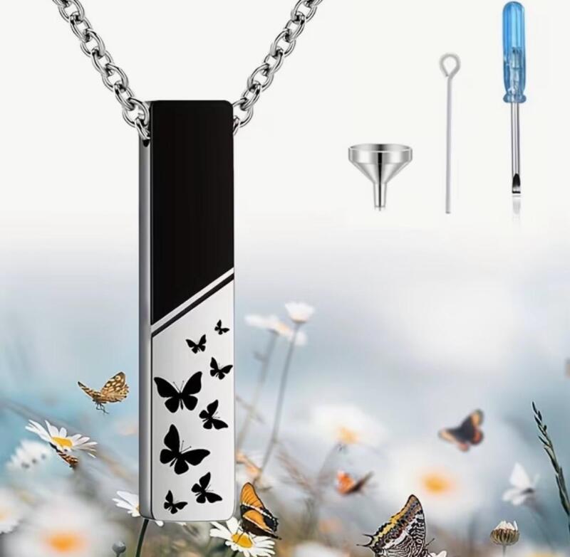 Cube Butterfly Urn Necklace For Ashes Cremation Pendant Necklace Stainless Steel Pendant approximately 1.20 x .30&rsquo;&rsquo; Chain 20&rsquo;&rsquo; Tools included