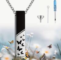 Cube Butterfly Urn Necklace For Ashes Cremation Pendant Necklace Stainless Steel Pendant approximately 1.20 x .30&rsquo;&rsquo; Chain 20&rsquo;&rsquo; Tools included