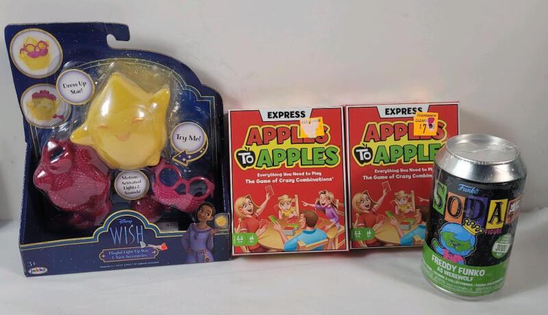 New - Children's Toy & Game Lot . Apples to Aplles Card Game &times;2 , Funko Soda Figure & Disney WISH Light-Up Star Set .