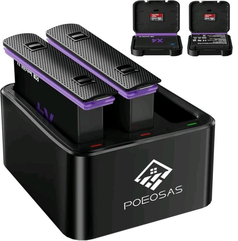 POEOSAS 2-Pack 2500mAh Rechargeable Batteries for Insta360 X4 Action Camera - Compatible with Insta 360 X4 Accessories . Missing Charger Cable . Untested