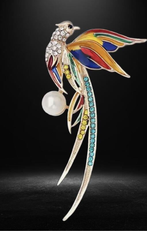 Elegant Phoenix Brooch Rhinestone Enamel Embellished Approximately 2.5 x 1.20 inch