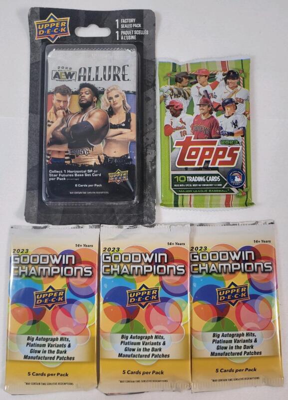 2023 Multi-Sport Sealed Wax Pack Lot . 2023 UD Goodwin Champions &times;3 , 2023 Topps MLB Baseball & 2023 UD AEW Allure Wrestling .