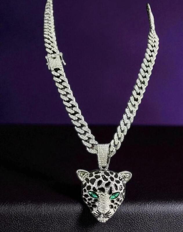 Iced Out Cuban Link Leopard Panther Head Statement Green Rhinestone Eyes Necklace Pendant Approximately 2.75 in Chain 26 inch Double Safety Bar Box Clasp