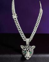 Iced Out Cuban Link Leopard Panther Head Statement Green Rhinestone Eyes Necklace Pendant Approximately 2.75 in Chain 26 inch Double Safety Bar Box Clasp