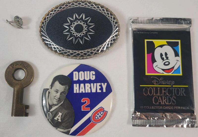 Junk Drawer Items Lot . 1992 Disney Trading Card Pack (sealed) , Doug Harvey Button , Fish Pin , Star Etched Black w/Silver Tone Belt Buckle & Vintage Brass Penn Central Railroad Key