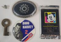 Junk Drawer Items Lot . 1992 Disney Trading Card Pack (sealed) , Doug Harvey Button , Fish Pin , Star Etched Black w/Silver Tone Belt Buckle & Vintage Brass Penn Central Railroad Key