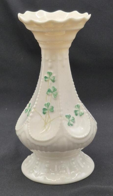 Vintage Belleek Vase 7" Tall Shamrocks Made in Ireland