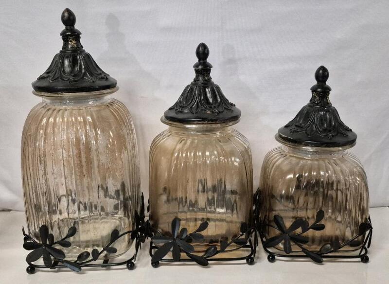 3 Lidded Glass Canisters - Tallest 15.5"