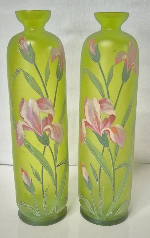 2 Handpainted Iris Green Glass Vases 11" Tall