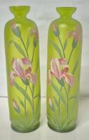 2 Handpainted Iris Green Glass Vases 11" Tall