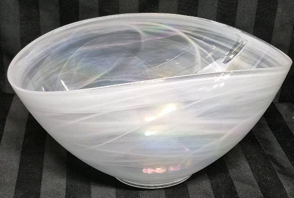 Vintage White Swirl Opal Iridescent Oval Glass Serving Bowl - 12 x 7 x 6.5"