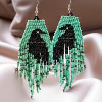 Handcrafted Gothic Crow Magpie Earrings with Turquoise & Black Rice Beads Tassels Sheppard Hooks 3.75 inch