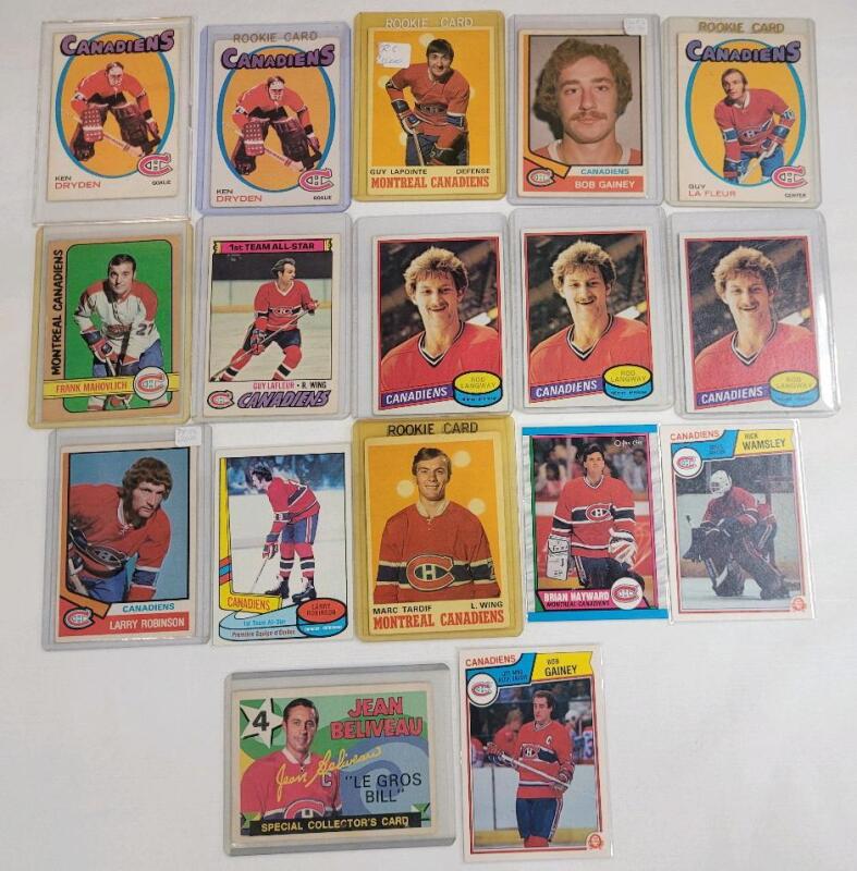 Montreal Canadians NHL Hockey Trading Card Singles . Includes Ken Dryden RC , Guy LaPointe RC , Guy LaFleur RC , Bob Gainey RC plus more . 17 Trading Cards