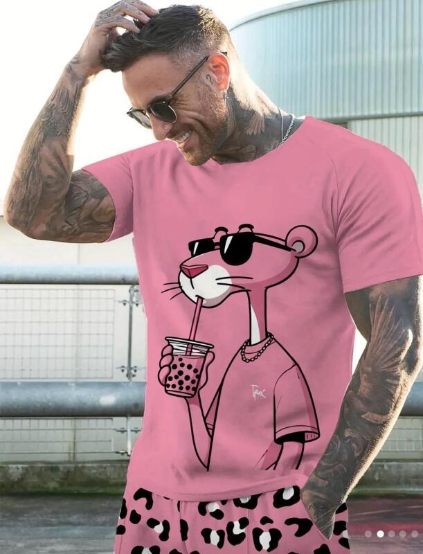 New Size XXL Panther Men's Cool Pink 3D printed T-shirt and shorts set comfortable Polyester Stock photos added Pockets on shorts