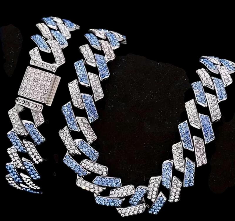 2pcs Iced Out Blue and Clear Rhinestone Cuban Chain Necklace Matching Bracelet Approx 17.5 Necklace 7.25 in Bracelet