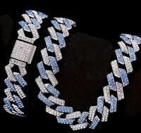 2pcs Iced Out Blue and Clear Rhinestone Cuban Chain Necklace Matching Bracelet Approx 17.5 Necklace 7.25 in Bracelet