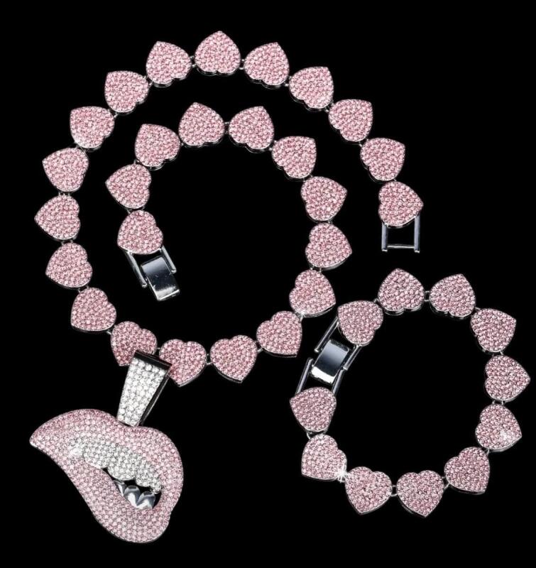 New 3pcs Iced Out Luxury Pink Rhinestone Lips Pendant with Pink Heart Chain Link Matching Bracelet 7 in Pendant 2in Necklace 17 in Approximate
