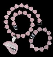 New 3pcs Iced Out Luxury Pink Rhinestone Lips Pendant with Pink Heart Chain Link Matching Bracelet 7 in Pendant 2in Necklace 17 in Approximate