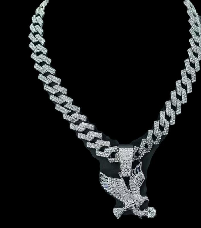 Eagle Iced Out Cuban Chain Holding Stone Pendant 2.25 inch Chain with Safety Box Clasp 18 inch