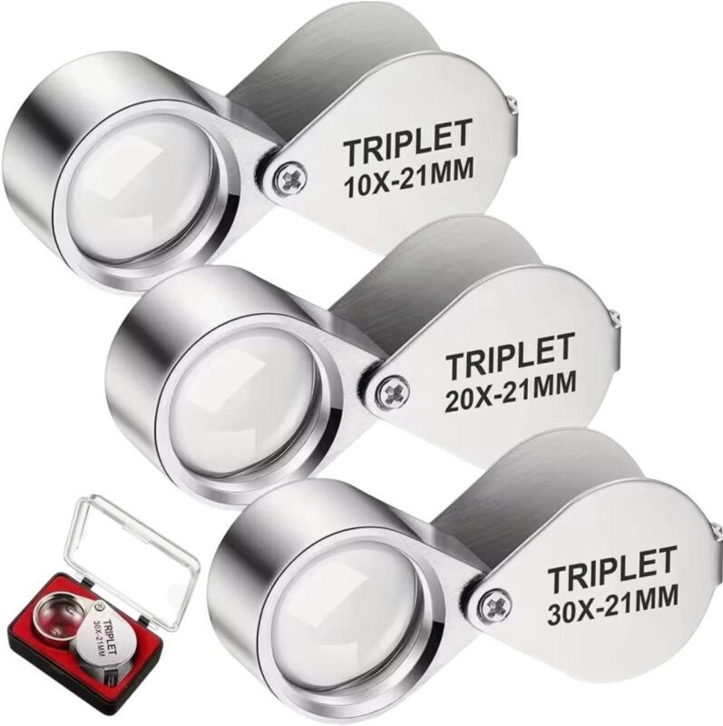 New 3 Piece Magnifying Jewelry Loupes 10x, 20x, 30x Magnification Jewelry, Coins, Gems, Stamps, Watches Second Stock Photo