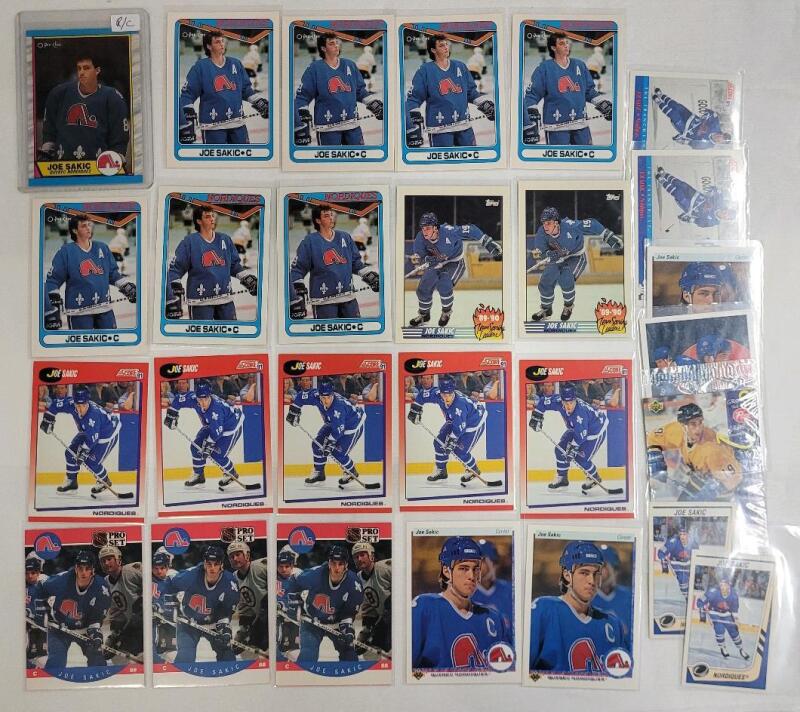 Joe Sakic NHL Hockey Trading Card Singles . Includes 1989-90 OPC Rookie Card . 27 Trading Cards