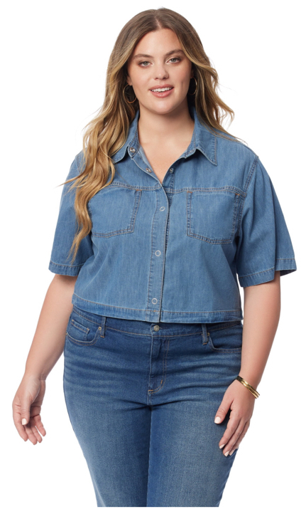 New Sz Medium Jessica Simpson Ladies Cropped Twill Denim Shirt; Short Sleeve With Button Front Closure