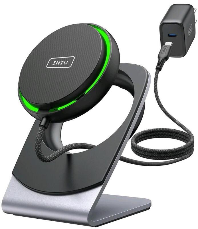 New - INIU Wireless Charger, 15W Fast Charging Magnetic Wireless Charger Stand, Travel Essential Wireless Charging Station with Sleep-Friendly Adaptive Light, for iPhone 16/15/14/13/12 Series, Airpods .