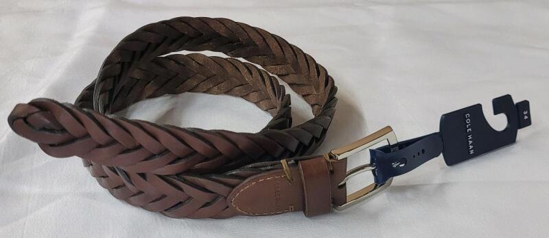 New - Cole Hann 34 Waist Uni-Sex Braided Leather Belt , British Tan .